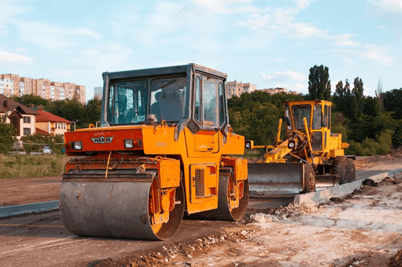 Steamroller on road construction