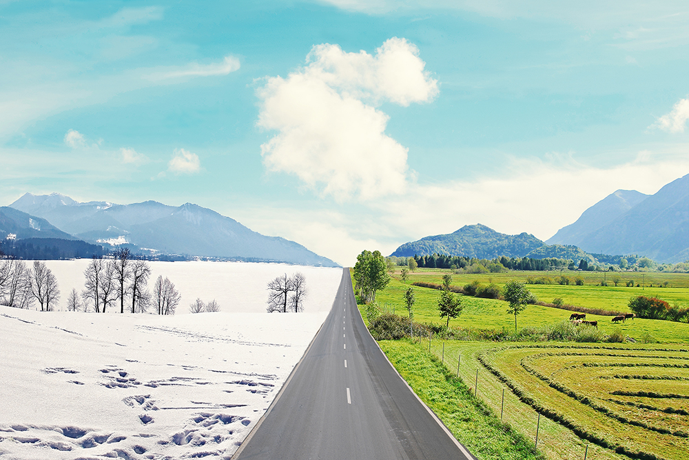 Year-Round asphalt Maintenance through mountainous winter and spring landscape climate change