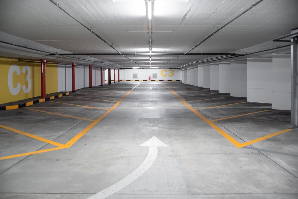 Angled Parking. Empty Underground Car Parking Lot.